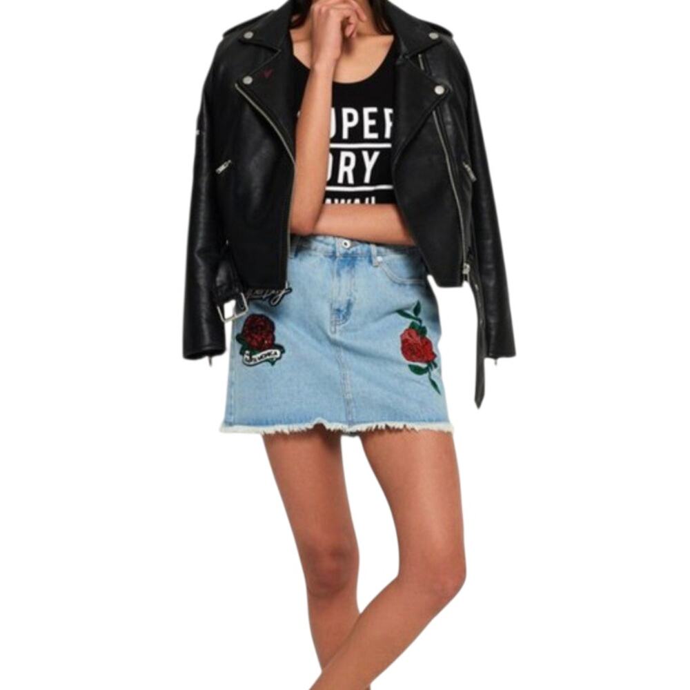 Superdry Denim Micro Mini Jean Skirt Sequin Rose Embroidered Raw Hem Medium 8